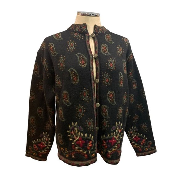 Large Nordic Design Women's Wool Cardigan Sweater Paisley Design Y2K Vintage - Picture 2 of 8